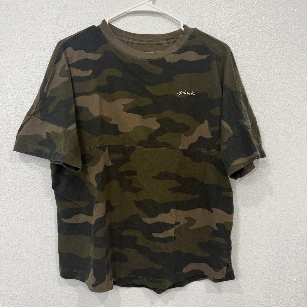 Victorias Secret PINK‎ Camo Varsity T-Shirt Womens XS Green Camouflage Oversized